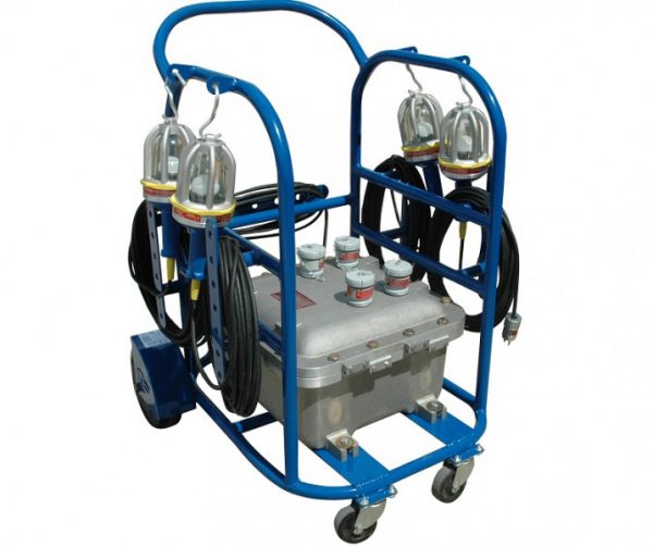 FOUR EXPLOSION PROOF HANDLAMPS WITH FOUR OUTLET LOW VOLTAGE LIGHTING EXPLOSION PROOF RATED TRANSFORMER CART MOUNTED